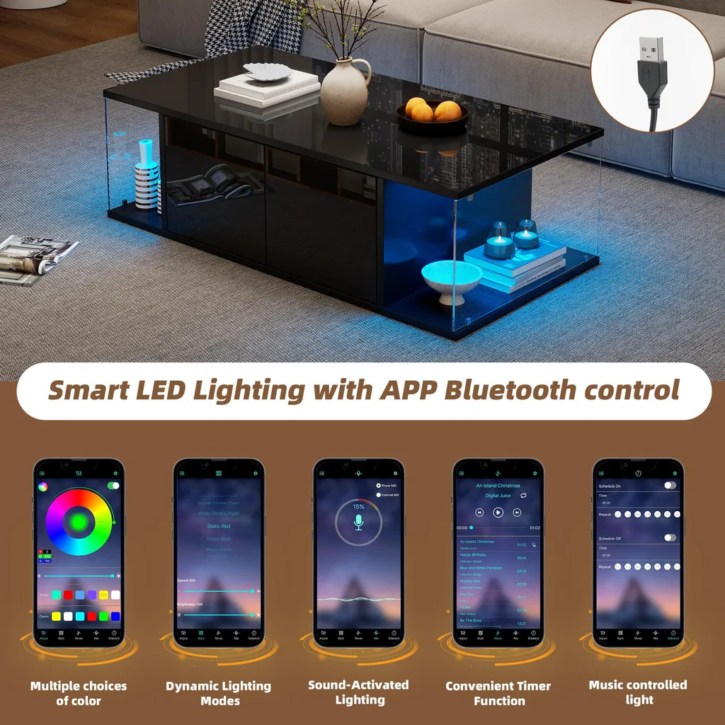 Table Basse pour Soirée Cinéma avec LED et Rangement Multimédia - 4