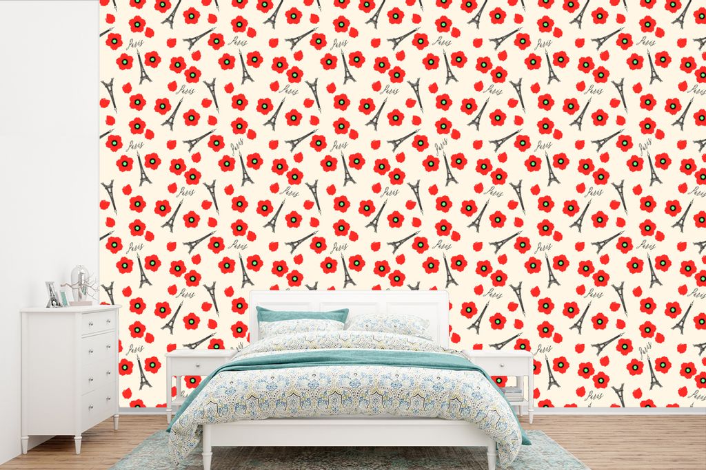 MuchoWow Fototapete für Wohnzimmer oder Schlafzimmer Wandtapete Vinyl Motivtapete Muster - Paris - Eiffelturm - Blumen - 360x240 cm - Vinyl-Tapete