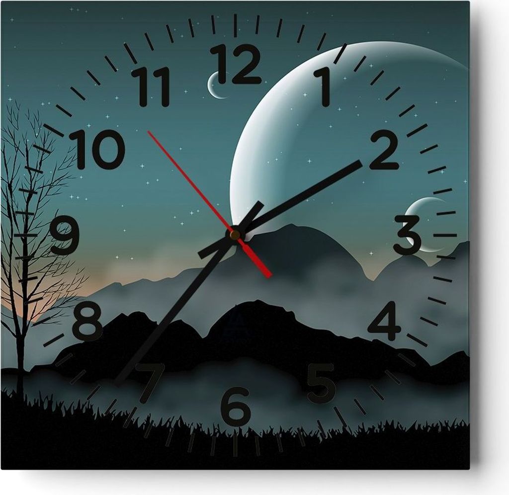 Wanduhr - Quadrat - Glasuhr - Himmel Nacht Illustration - 30x30cm - Schleichendes Uhrwerk - Lautlos - zum Aufhängen bereit - Dekoration Modern - W...