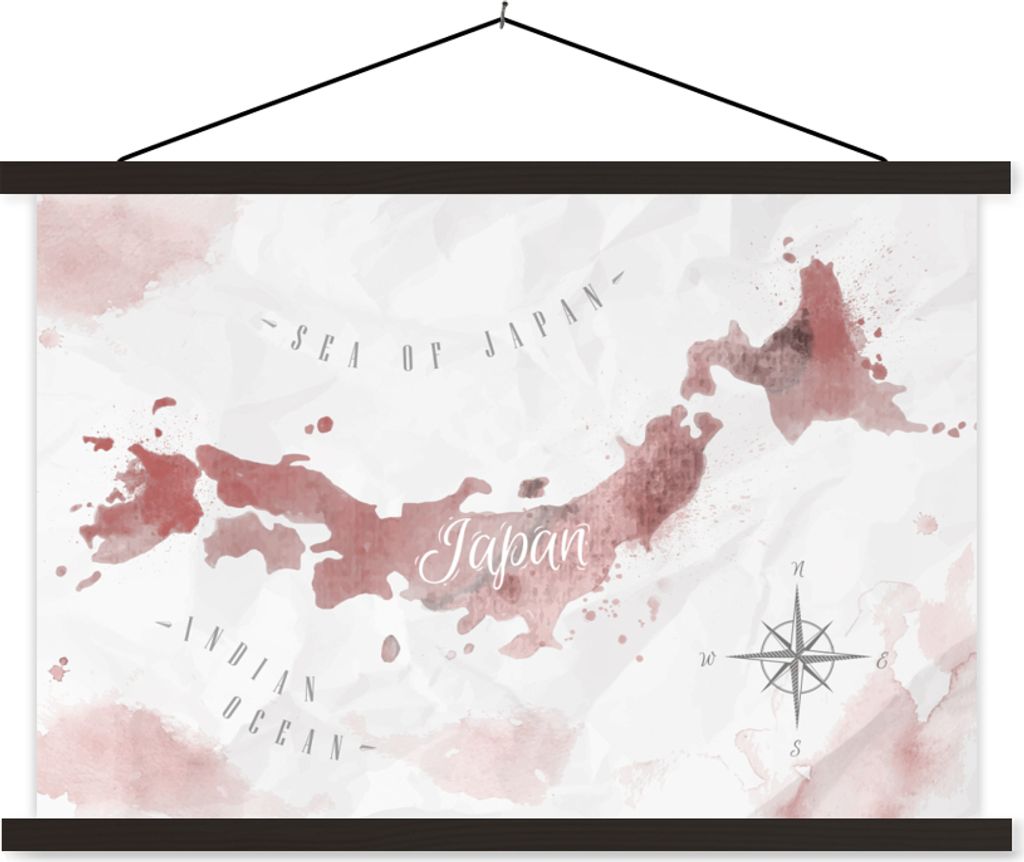 MuchoWow Textilposter Karte - Japan - Aquarell - Rot 90x60 cm mit schwarzem Rahmen - Aufhängungssatz