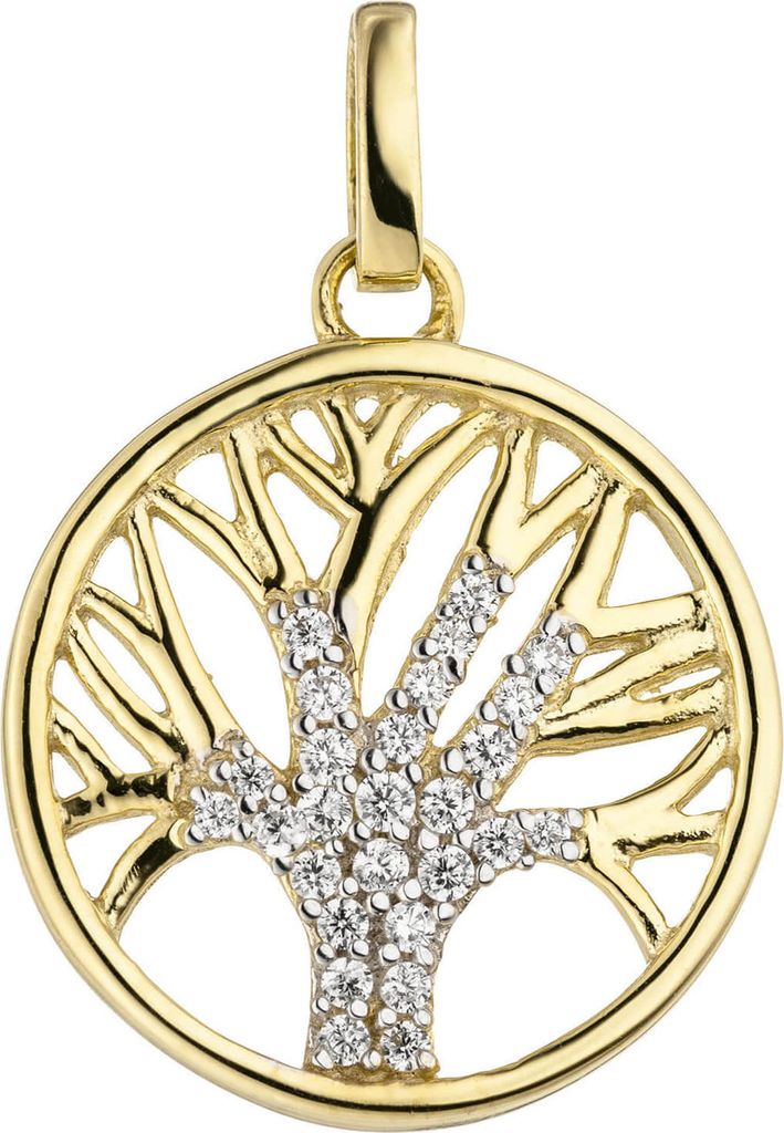 15,3mm Anhänger, Lebensbaum mit weißen Zirkonia 375 Gold Gelbgold teilrhodiniert