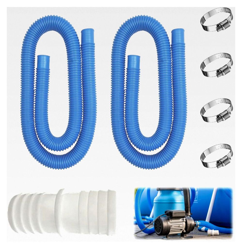 Ersatzschlauch für Poolpumpen, 2 Stück, 32 mm Innendurchmesser, 150 cm Länge, mit 4 Sicherheitsclips, für Pools und Schwimmbecken (Blau)