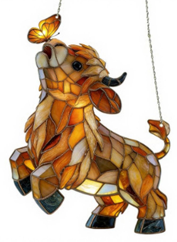 Schmetterlings-Sonnenfänger mit Hochlandrind-Motiv für drinnen und draußen, Garten, Fenster oder Wand, 2D-Acryl-Buntglas-Ornament, 15 cm