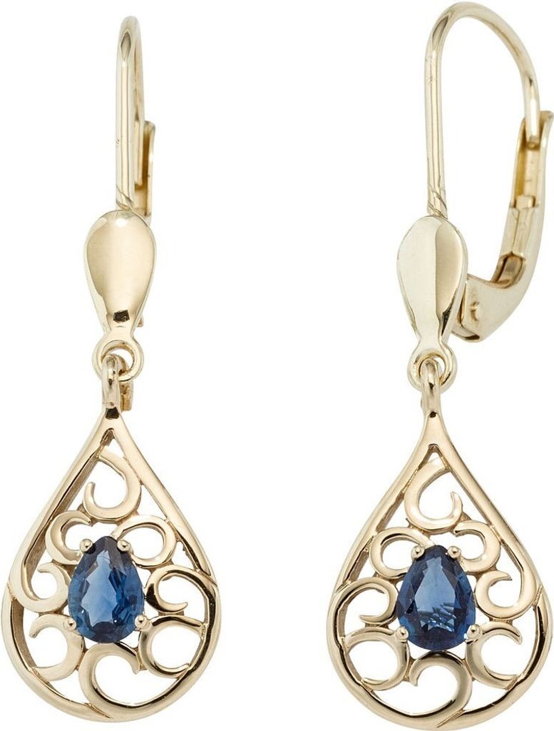 Boutons Ohrringe Ohrhänger Tropfen blaue Safir Saphir 585 Gold Gelbgold