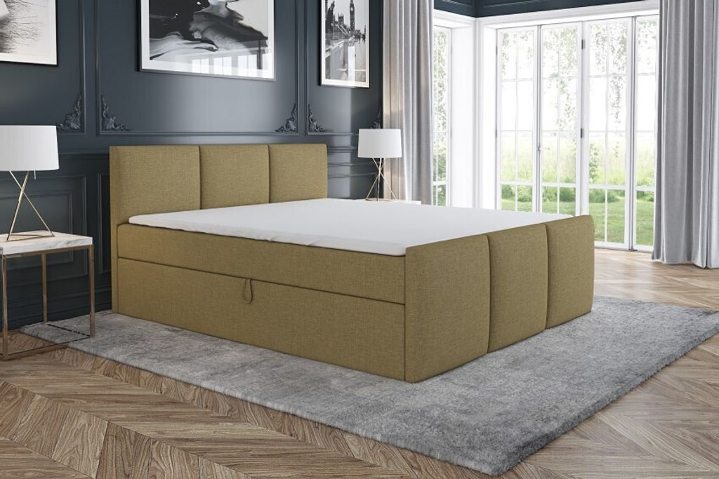 Boxspringbett RON 140 x 200 mit 2 Bettkästen, Bonell-Matratze und Topper. Farbe: Hellbraun