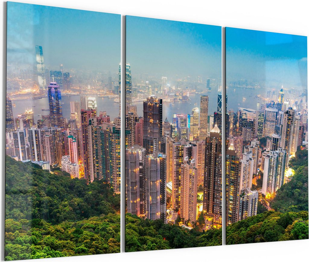 DEQORI Glasbild Echtglas 3x50x100 cm 'Wolkenkratzer Hongkongs' Wandbilder XXL groß