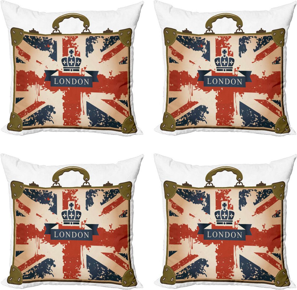 ABAKUHAUS Union Jack Kissenbezug Set (4 Stück), Weinlese-Koffer, Moderner Doppelseitiger Digitaldruck, 60 cm x 60 cm, Dunkelblau Rot Braun