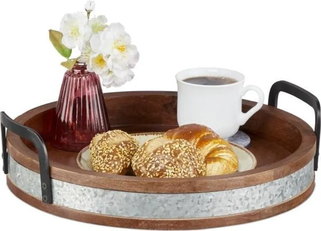 Vassoio in Legno di Mango e Metallo - Design Rustico Artigianale 44cm