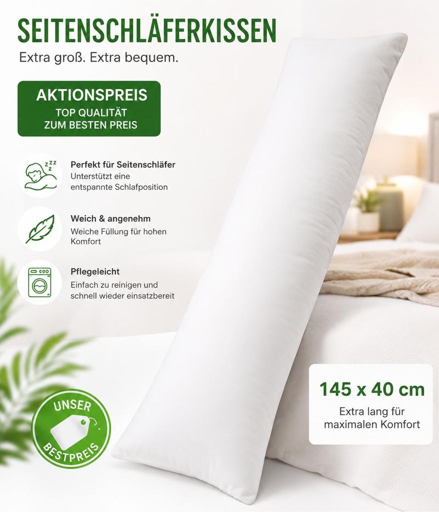 Seitenschläferkissen 145 x 40 cm – großes Körperkissen mit Produktbild  KI-generiertes Bild