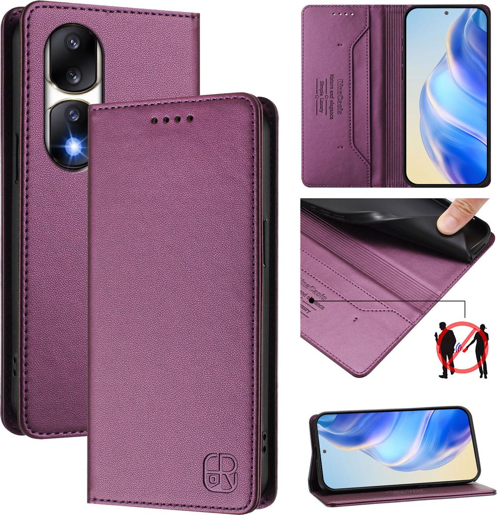 Lederhülle für Honor 90 Pro Hülle Flip Brieftasche Kartenfächern Ständer Schutzhülle Lila