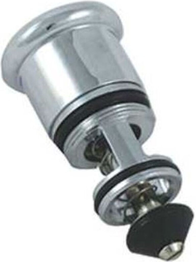 A close-up studio shot of a chrome bathroom faucet part against a white background.