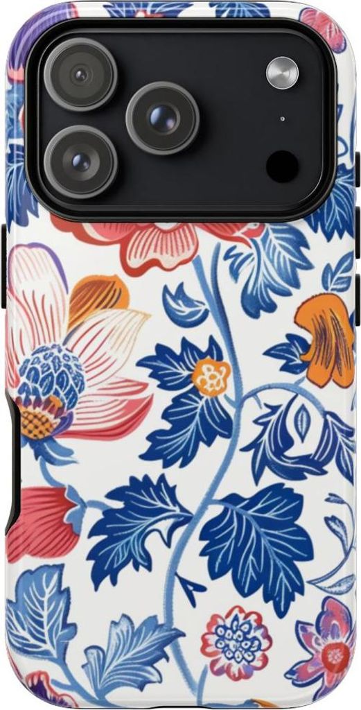 Farbenfrohes Blütenmuster mit blauen Blättern – Hülle Kompatibel mit iPhone 17 Pro
