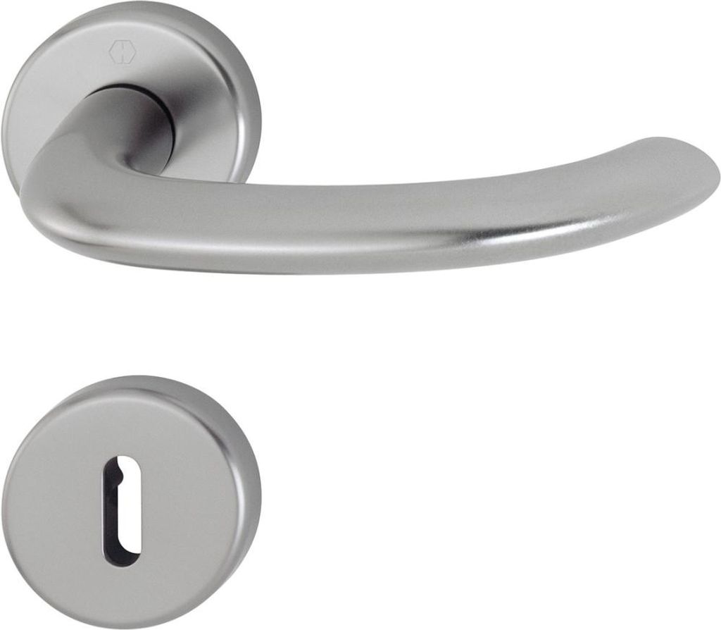 A door handle and a keyhole escutcheon are shown against a white background.