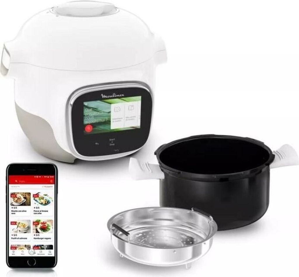 A smart connected multi-cooker with its accessories and a smartphone displaying recipes.