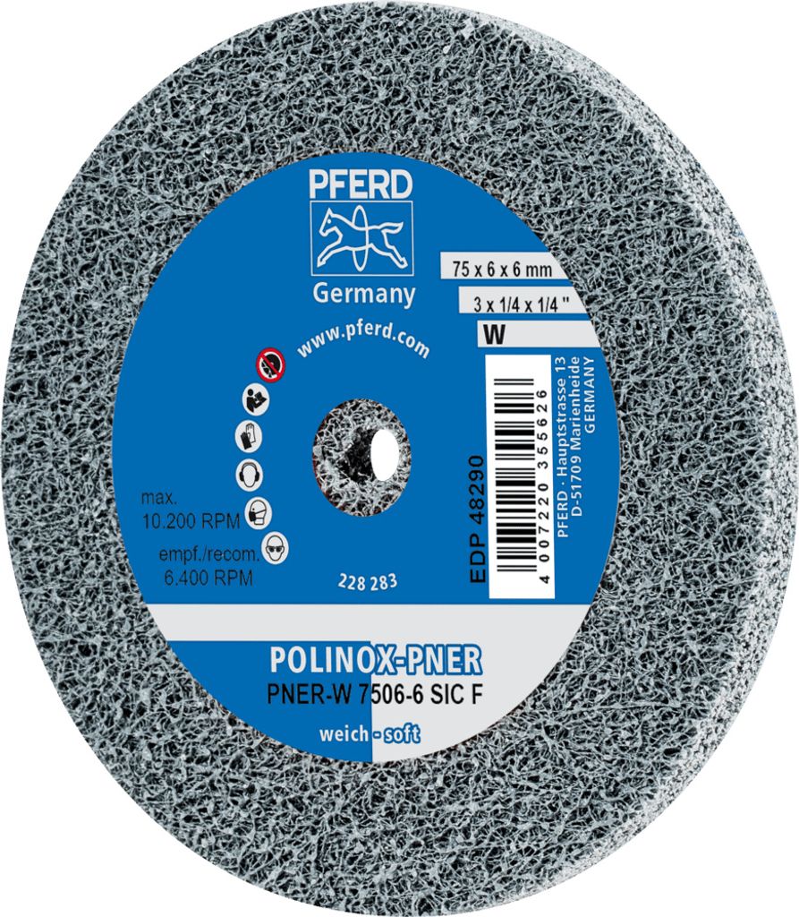 PFERD TOOLS POLINOX verpresstes Vlies-Rad PNER Ø 75X6 mm Bohrung-Ø 6 mm Weich SIC Fein für Finish