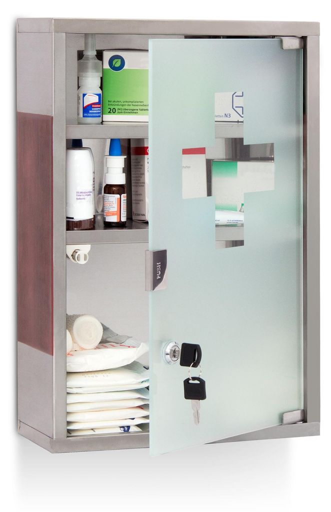 Relaxdays Medizinschrank EMERGENCY, Edelstahl & Holz-Optik, Produktbild 