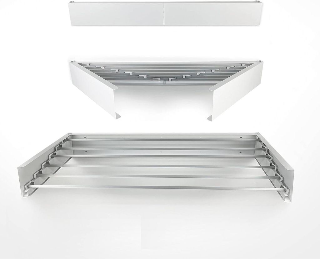 Three different configurations of a wall-mounted drying rack are displayed against a white background.