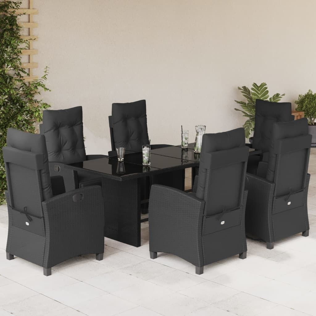 7-tlg. Garten-Essgruppe mit Kissen Schwarz Poly Rattan - Gartenmöbelset 3212920