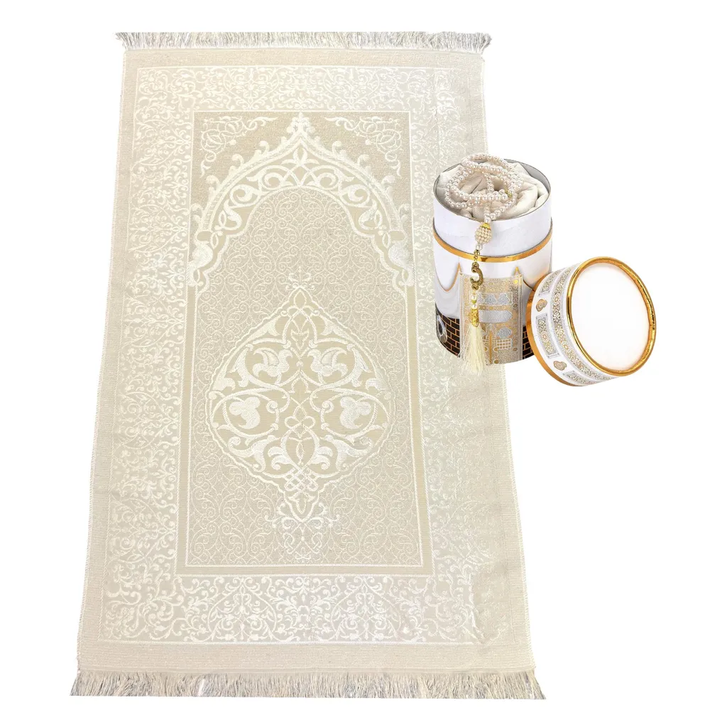 Grand tapis de prière 65x110 cm en taffetas léger et boîte blanche
