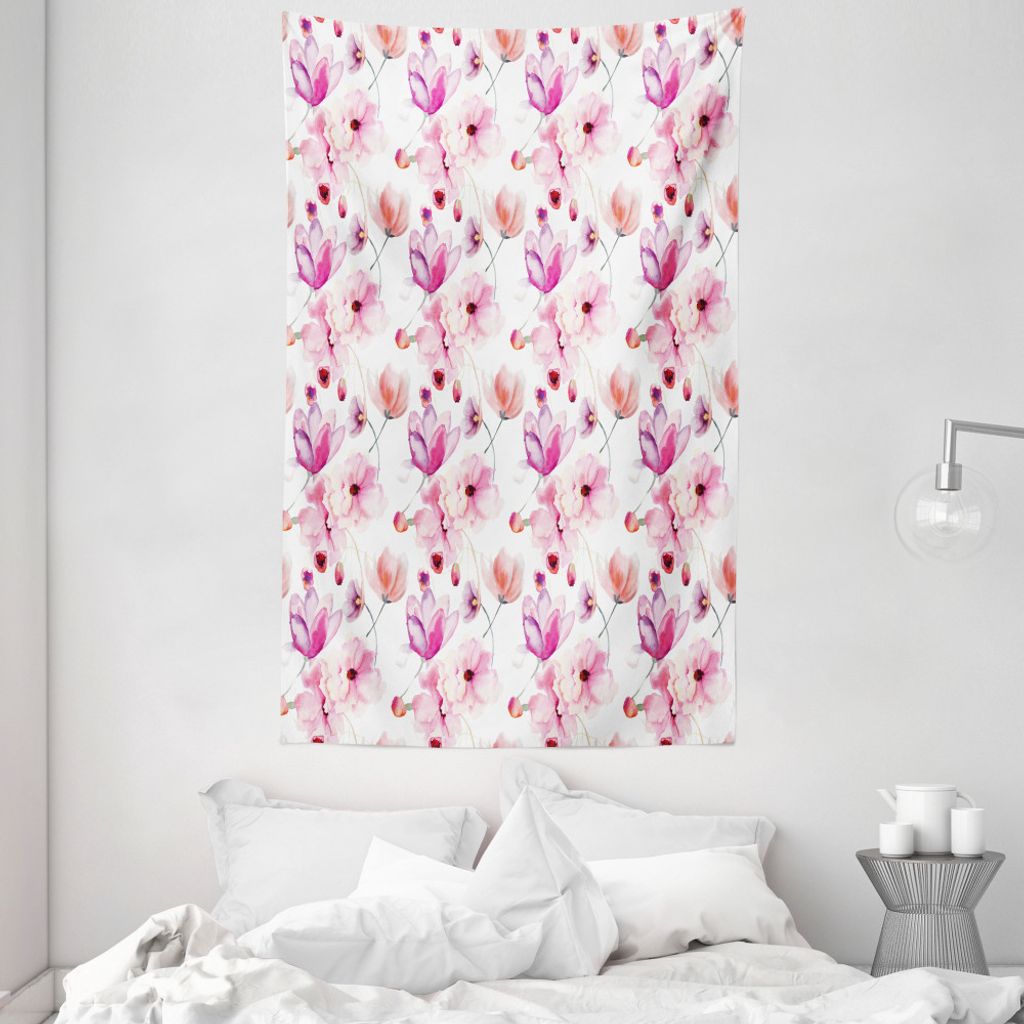 ABAKUHAUS Blumen Wandteppich und Tagesdecke, Aquarell Frühlings-Blüte aus Weiches Mikrofaser Stoff Waschbar ohne Verblassen Digitaldruck, 140 x 2...