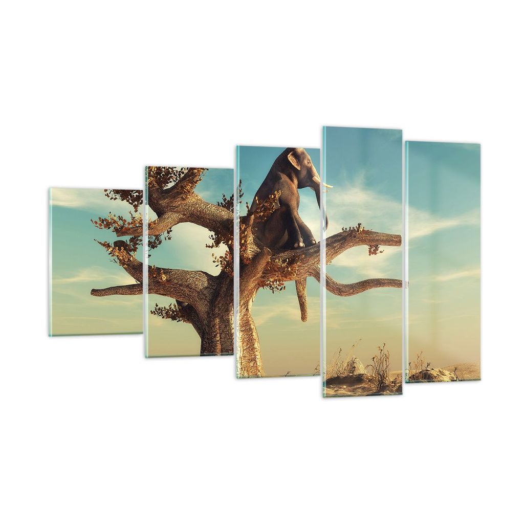 Bilder auf glas - 5 Teile - Sitzen Elefant Baum - 100x60cm - Glasbilder - Wandbilder - Bilder - zum Aufhängen bereit - Wanddekoration aus Glas - G...