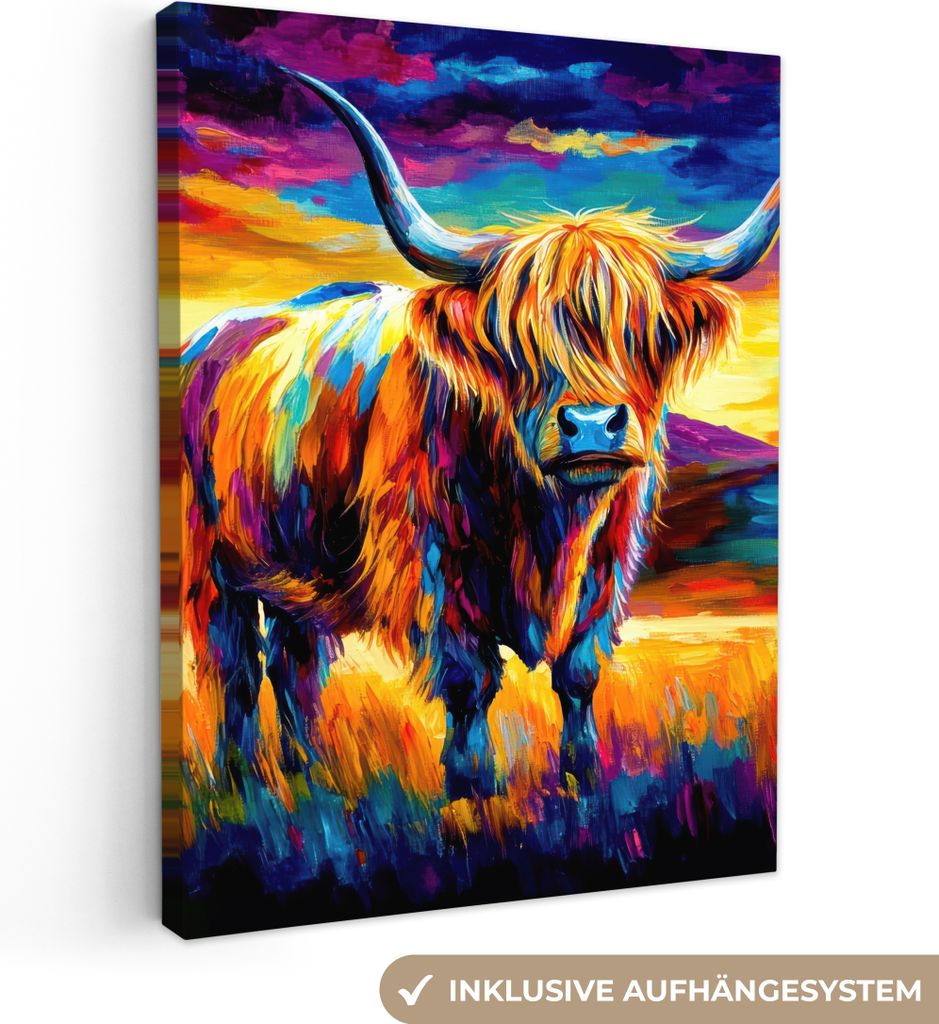 Wanddeko 30x40 cm - Schottisches Hochlandrind - Kunst - Kuh - Tiere - Landschaft, Deko Wohnzimmer, Leinwand Bilder
