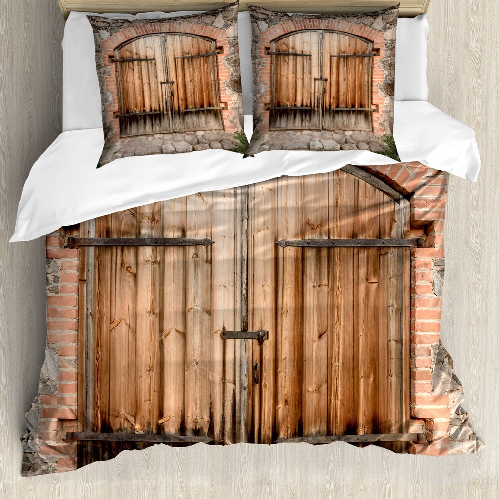 ABAKUHAUS Rustikal Bettbezug, Toskana Steinhaus, Milbensicher Allergiker geeignet mit Kissenbezügen, 155 cm x 220 cm - 80 x 80 cm, Braun-grau