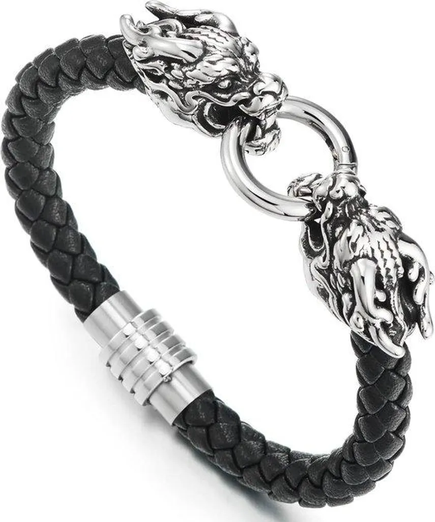 Bracelet Dragon Ajustable : Confort Élastique en Acier et Cuir Homme