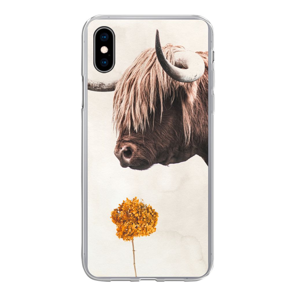 MuchoWow Handyhülle Schutzhülle Hülle für iPhone Xs Schottischer Highlander - Vintage - Blume Silikon Softcase Handy Hülle - Handytasche