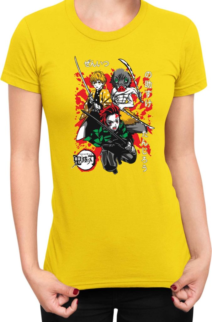 Damen T-Shirt Demon Anime Slayer Kimetsu No Yaiba Tanjiro Zenitsu Inosuke 002, Lady XL / Gelb