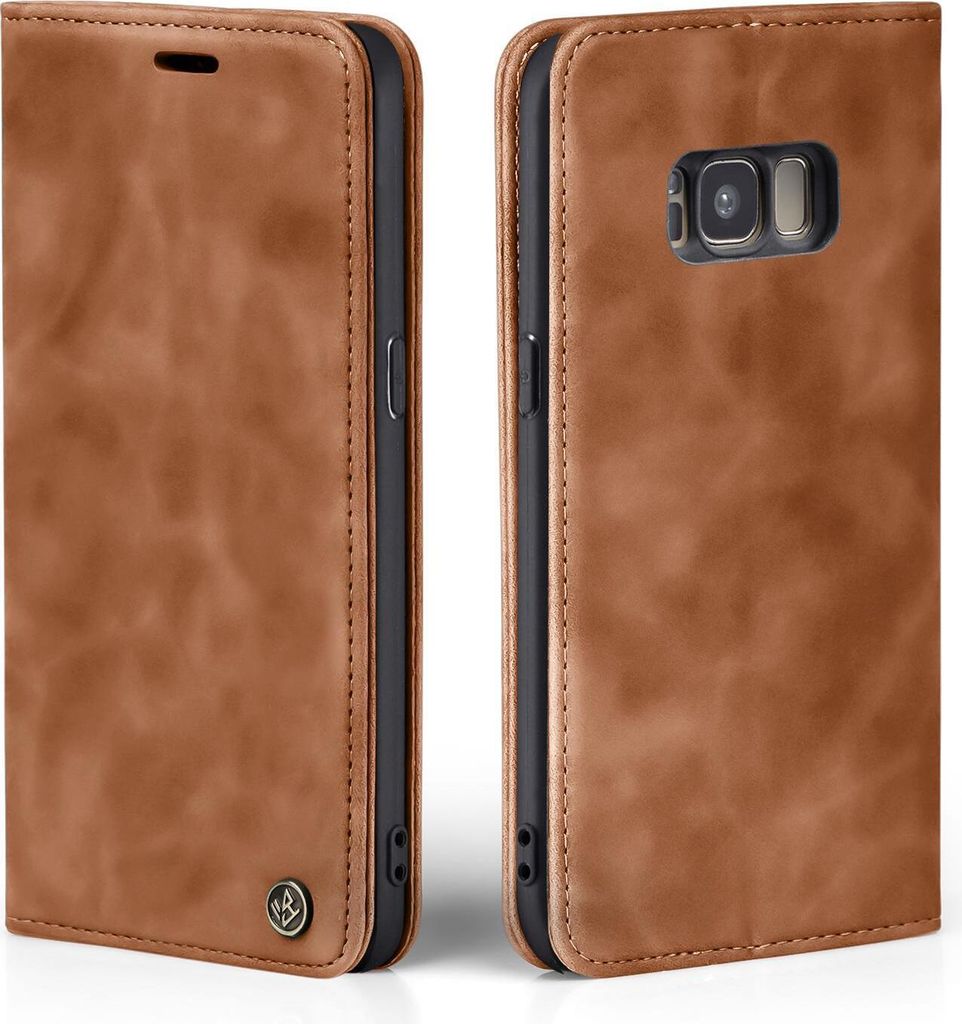 Two views of a brown leather flip case for a smartphone.