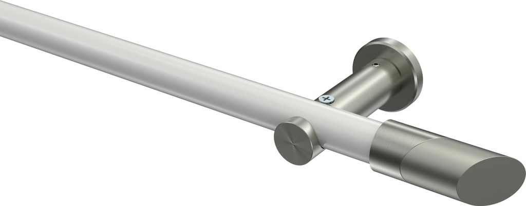 Interdeco Gardinenstange / Vorhangstange Weiß / Edelstahl-Optik, Typ Platon Verano (Schräge Bicolor) ohne Ringe, 20 mm Ø 1-läufig, 140 cm