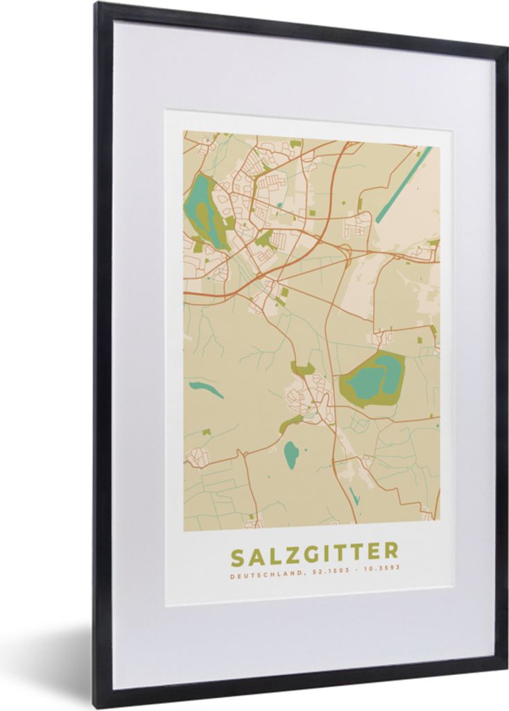 MuchoWow Gerahmtes Poster Vintage - Stadtplan - Salzgitter - Karte 40x60 cm - Poster mit Schwarzem Bilderrahmen Wandposter Rahmen Foto Bilder - P...