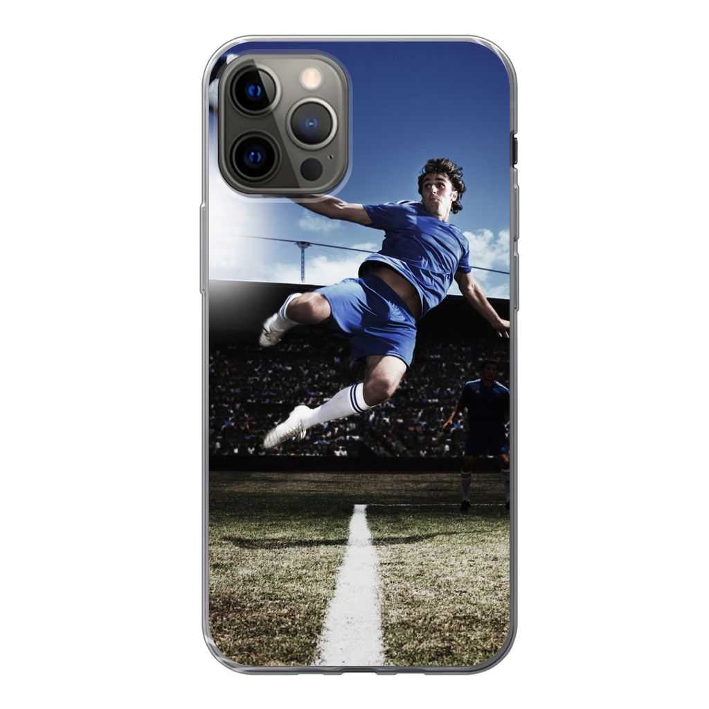 MuchoWow Handyhülle Schutzhülle Hülle für iPhone 12 Pro Fußballspieler macht einen Volley Silikon Softcase Handy Hülle - Abdeckung
