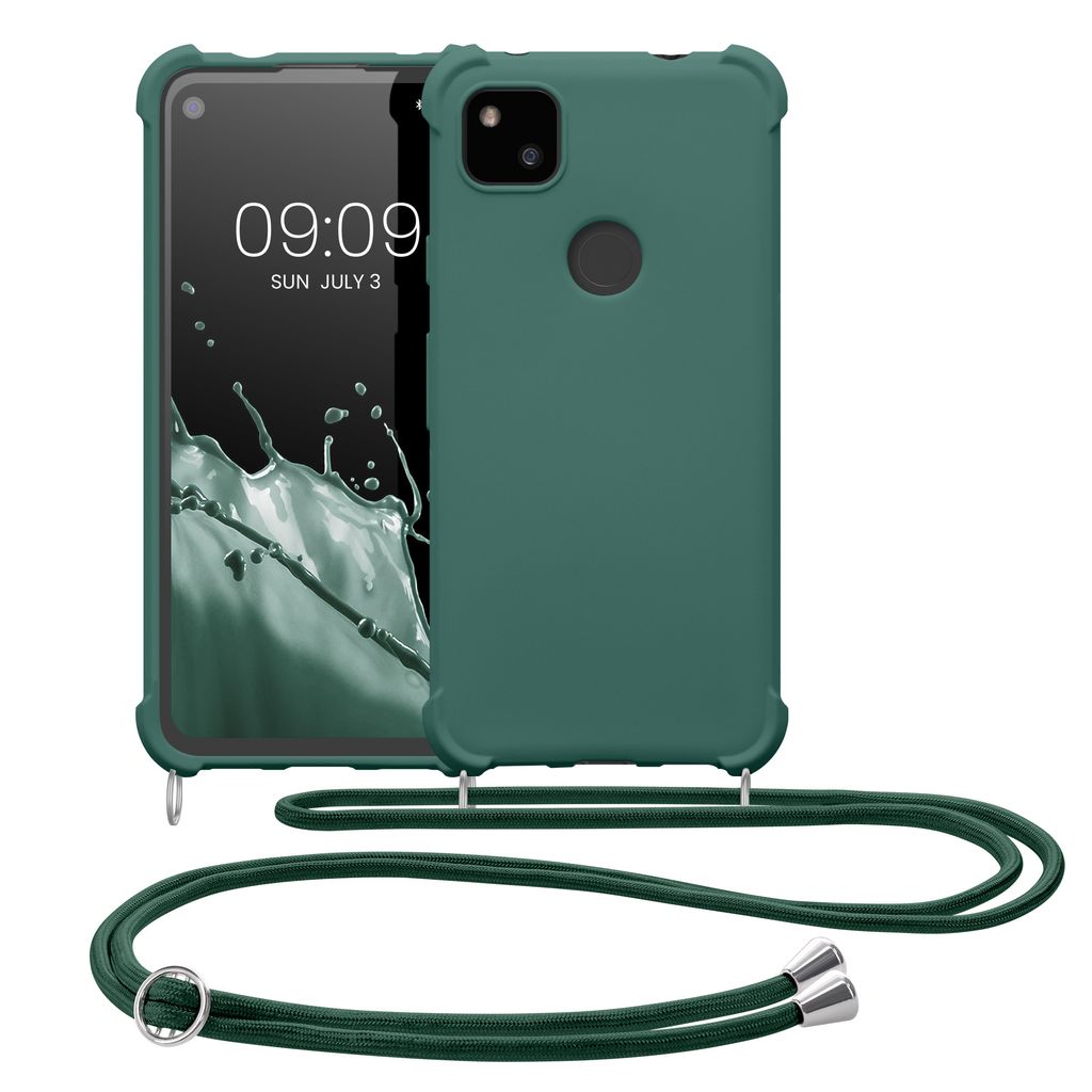 kwmobile Necklace Case kompatibel mit Google Pixel 4a Hülle - Cover mit Kordel zum Umhängen - Silikon Schutzhülle Dunkelgrün