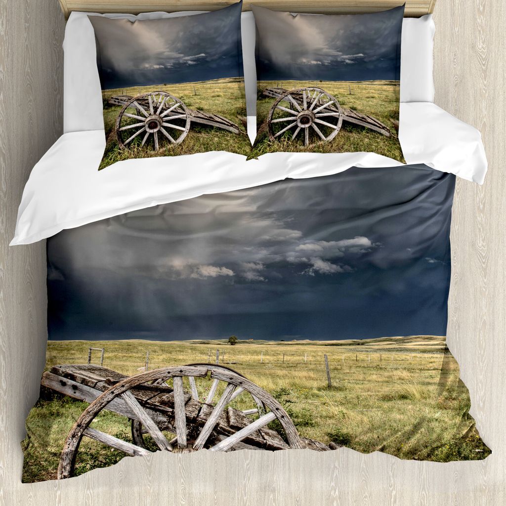 ABAKUHAUS Stall-Holz-Wagon Wheel Bettbezug, Wagen Wolken, Milbensicher Allergiker geeignet mit Kissenbezügen, 200 cm x 200 cm - 80 x 80 cm, Umber ...