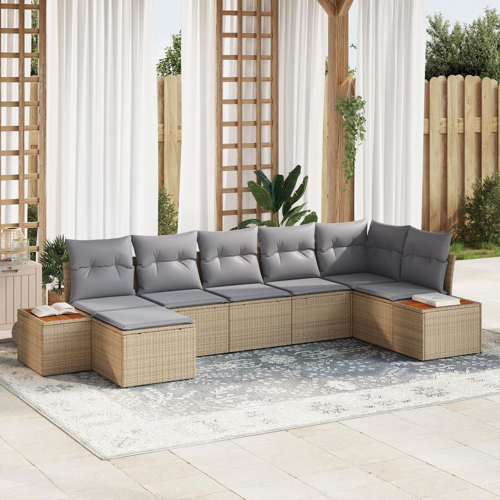 Schlichtes 7-teiliges Garten Sofa Set mit Kissen Beige Poly-Rattan Akazie - Gartensofas Neu2025 5724280