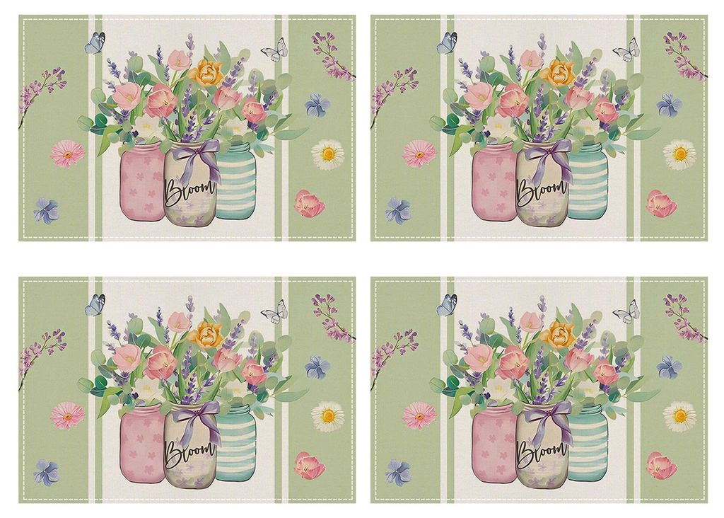 4er-Set Tischsets aus Leinen mit Blumenmuster, 30 x 45 cm, waschbar, wiederverwendbar, hitzebeständig, mit Pflanzen- und Blumenmotiven, Tischschut...