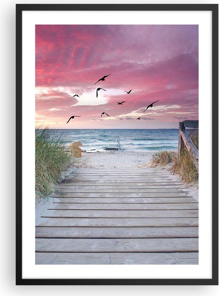 Gerahmtes Poster - Schwarzer Rahmen - Strand Sand Vögel - 50x70 cm - Wand Bild - Wanddeko - Wandbilder - Kunstposter - Wandposter - Bilderrahmen -...