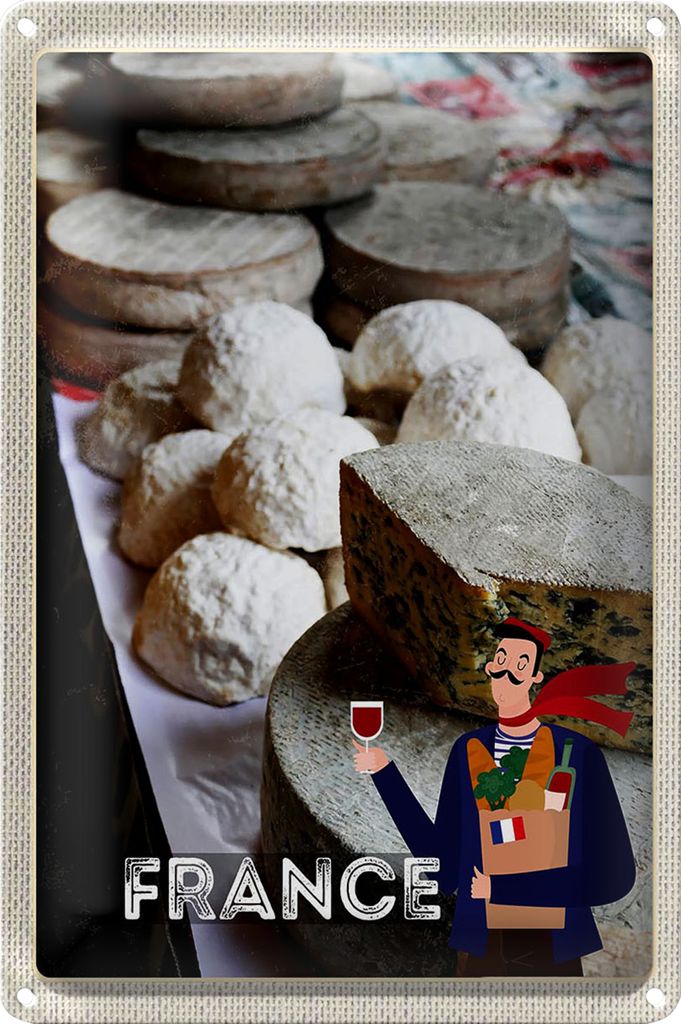 Blechschild Reise 18x12cm Frankreich Schimmelkäse Wein Essen