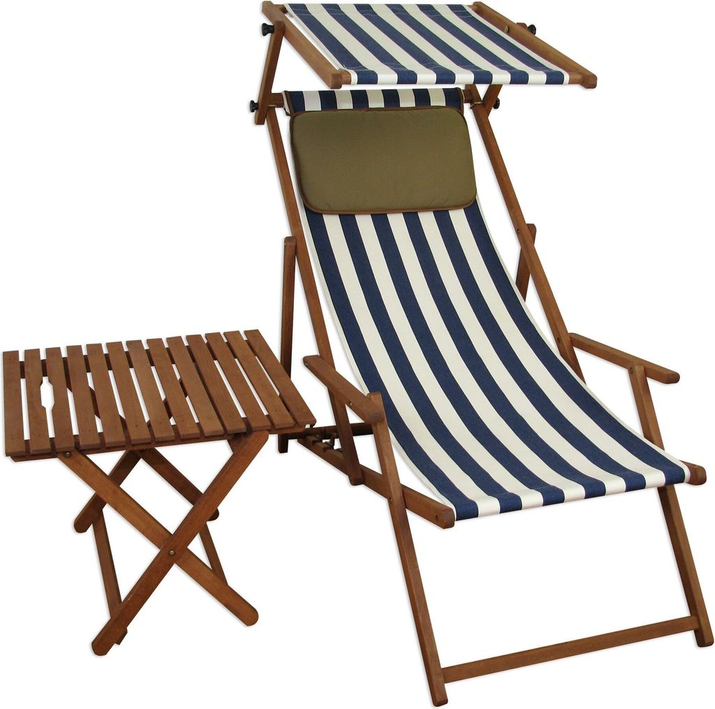 Liegestuhl blau-weiß Gartenstuhl Tisch Sonnendach Kissen Deckchair Buche Strandstuhl 10-317STKD