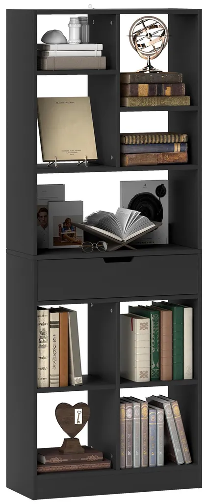 Bibliothèque meuble de rangement noir avec tiroir et étagères 60cm