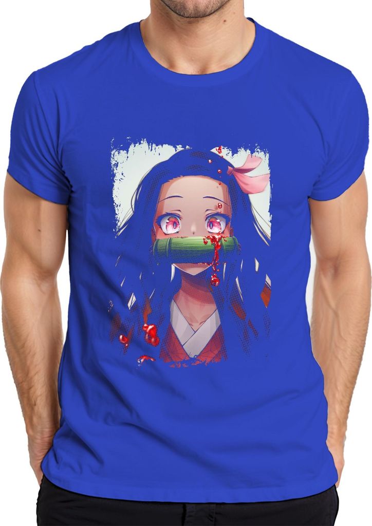 Nezuko Kamado Demon Slayer Anime Manga Bambus Blut Kawaii Cosplay Herren T-Shirt, Blau, XL