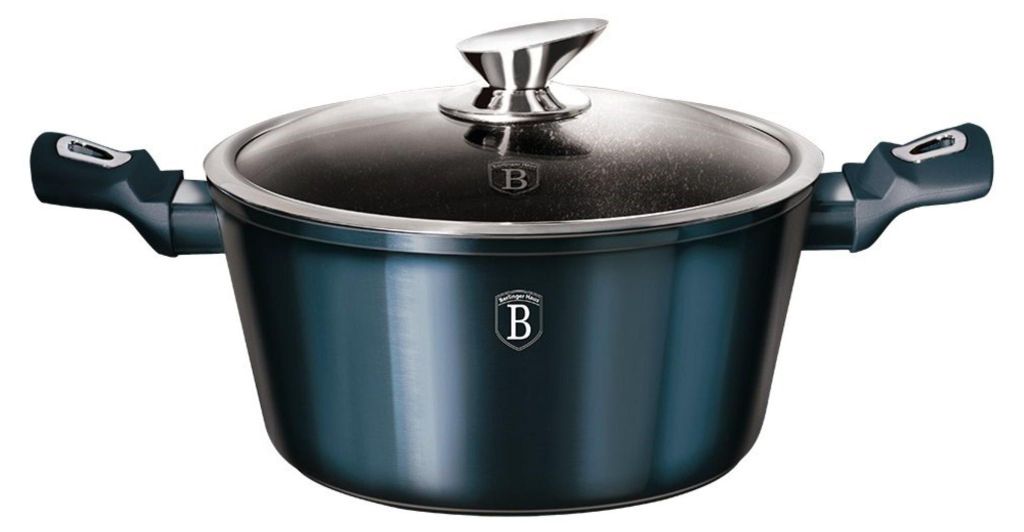 A studio shot of a dark blue pot with a glass lid and silver handles.