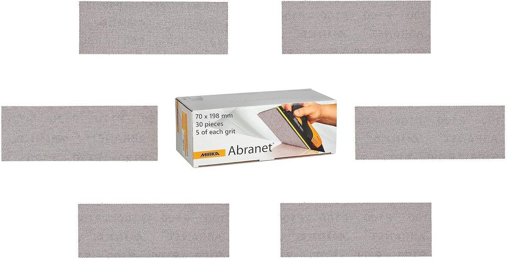 Mirka Abranet Netzschleifstreifen 70mm x 198mm Klett / Mix-Pack 5 von jeder Körnung 80, 120, 180, 240, 320, 400 / 30 Stk / zum Schleifen von Holz,...