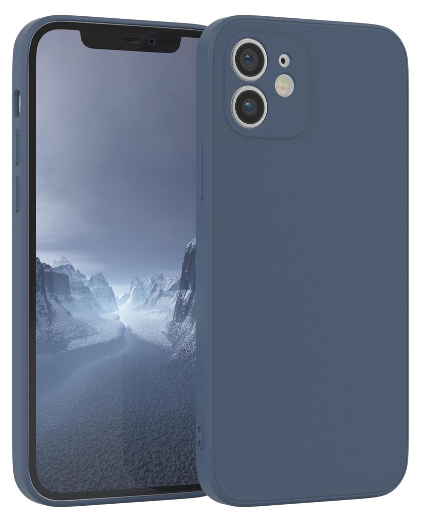 A dark blue phone case is shown on a light gray background, with a phone inside the case displaying a mountain landscape.