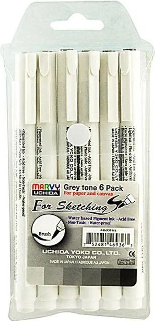 Pochette de 6 brushpens gris Marvy Uchida pour ombrages et croquis d'art