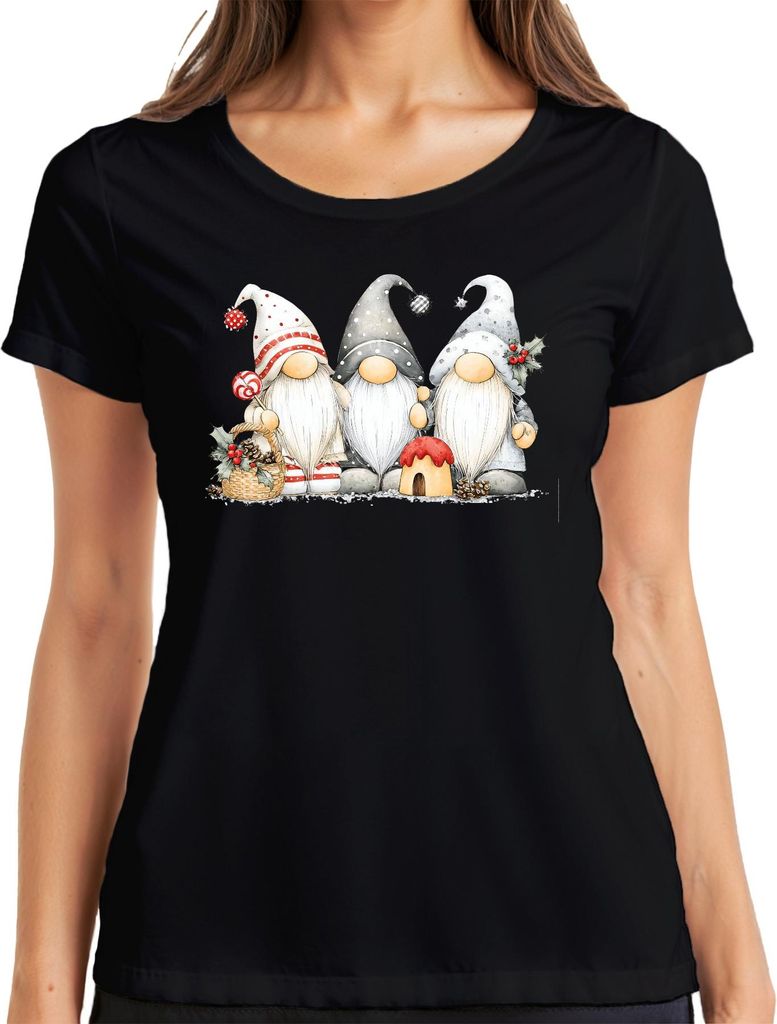 Weihnachtswichtel Gnom Trio Skandinavisch niedlich Geschenk Damen T-Shirt, Schwarz, XXL