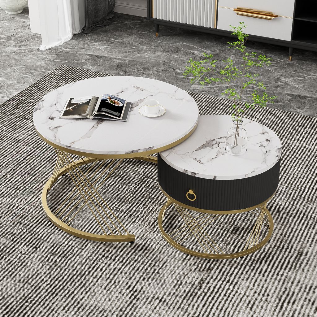 MODFU Couchtisch Wohnzimmertisch Rund 2er Set mit Schwarz Schubladen für Wohnzimmer, Schlafzimmer Balkon, Beistelltisch Satztisch mit goldem Metal...