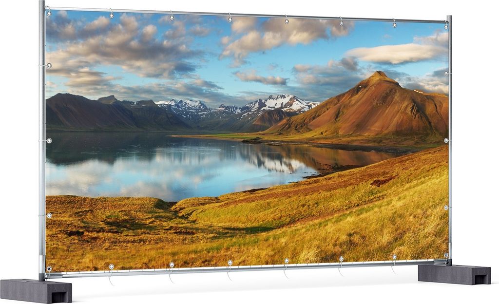Wallario XXL Outdoor-Poster für Garten oder Balkon, Motiv Bergpanorama mit Spiegelung im See, in ca. 340 x 173 cm